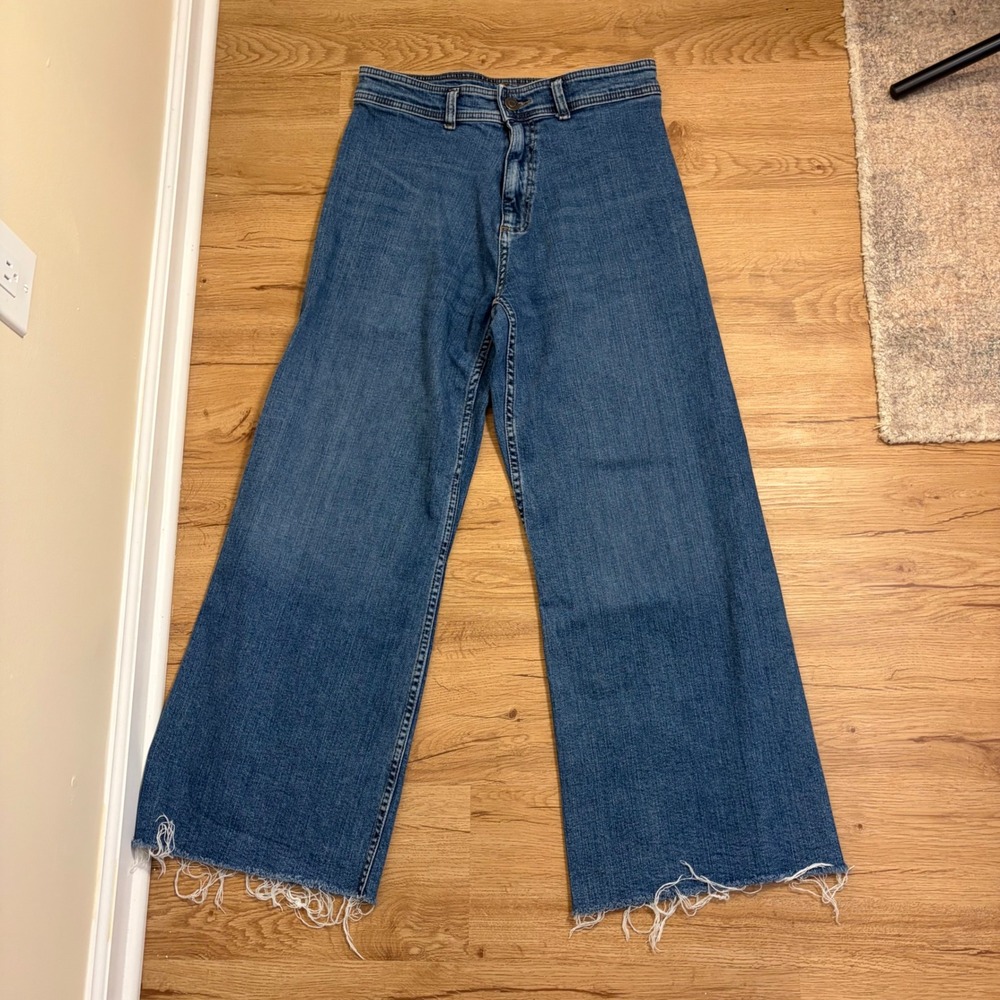 Zara Jeans Women Size 12 Blue High Waisted Wide Leg Raw Hem Denim Trousers - Picture 2 of 7